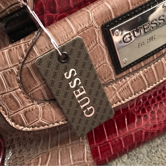 GUESS CALVINA Logo Croco Patent Leather Handbag Purse Satchel Taupe/Multi - Picture 2 of 16